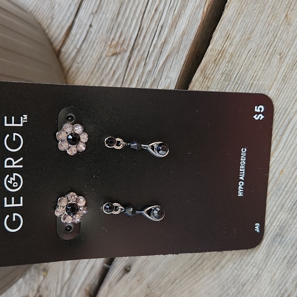 George Womens Earrings 5 Pc Set Dangle Studs with Silver Black Tones Rhinestones - Picture 9 of 10